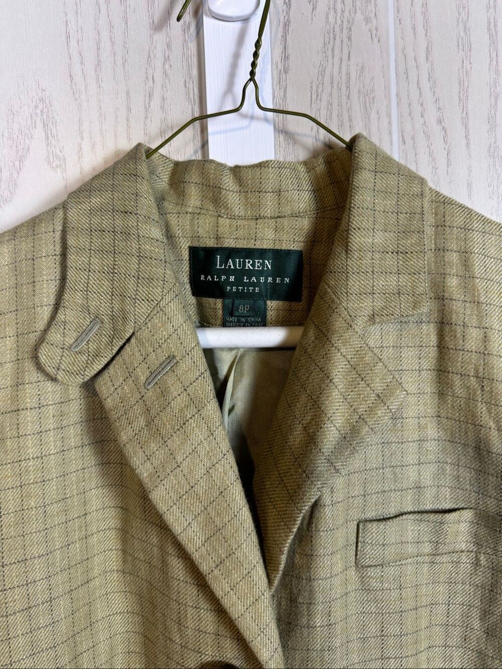 Vintage Ralph Lauren Women’s Blazer 100% Linen Size 8 Petite Tan Beige Plaid - Picture 4 of 8